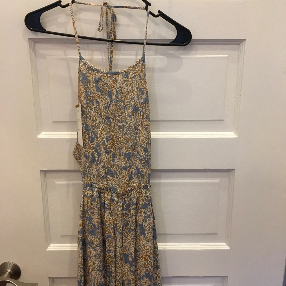 NWT Sleeveless Strappy Blue and Tan Floral Halter Jumpsuit Medium
